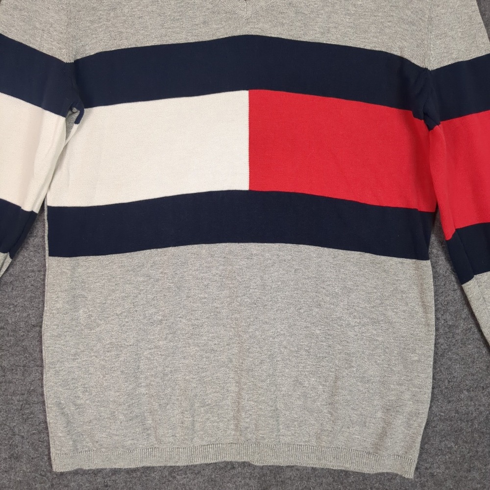 Tommy Hilfiger Mens V-Neck Colorblock Striped Knit‎ Sweater Gray Navy Red Size M - Picture 5 of 11
